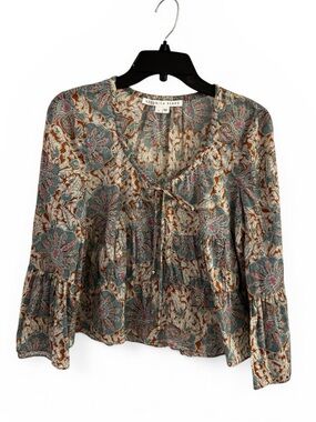 Veronica Beard Teal Floral Paisley Tie-Neck Blouse, size 6